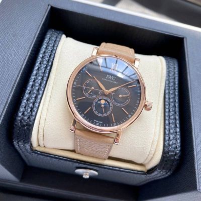 IWC Portofino 3836-2 Movement 40mm Beige Italian Calfskin Leather Strap Black Face Rose Gold Case Watch